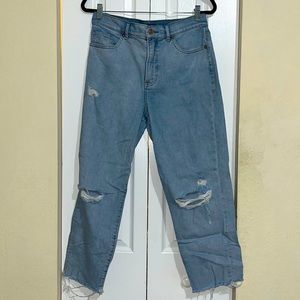 Express Super High Waisted Ripped Raw Hem Mom Jeans